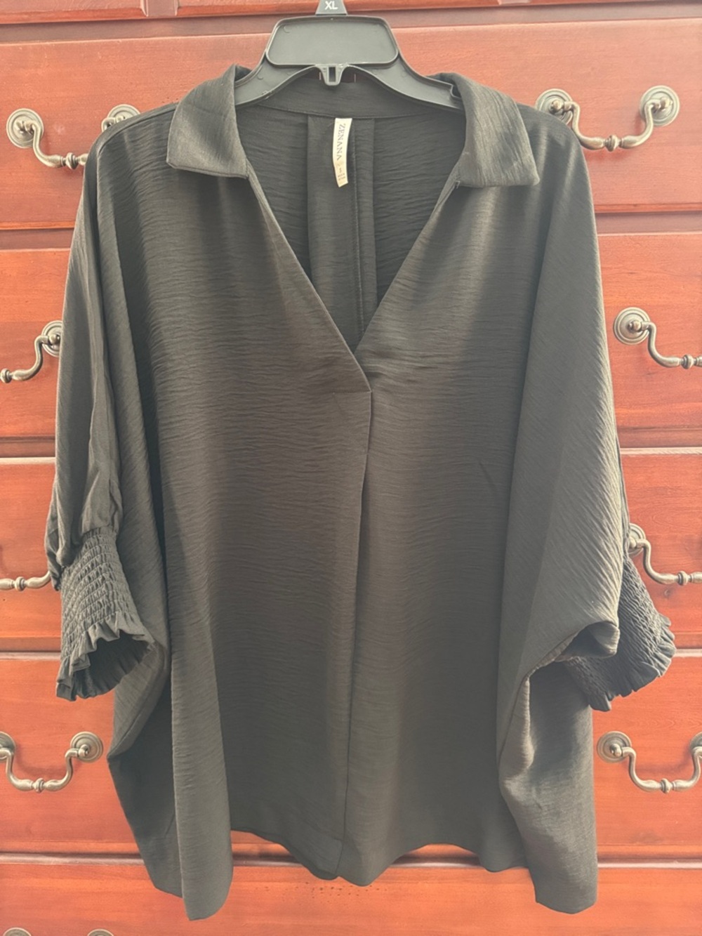 Zenana Black V-Neck Blouse with Smocked Sleeve Detail